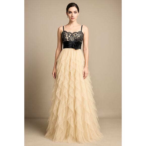 Romantic Goth Evening Empire Gown Black Lace Tiered Tulle Rosette Formal 5/6 - Picture 1 of 14